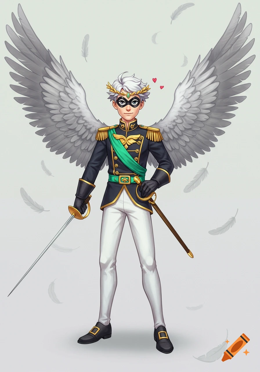 A young male superhero with white hair, a black domino mask, white wings, and a dark military-style uniform holds a rapier. Stylized cartoon.