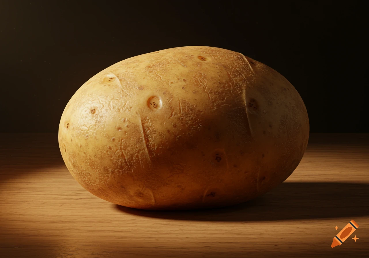 A photorealistic close-up of a potato sitting on a wooden surface against a dark background.
