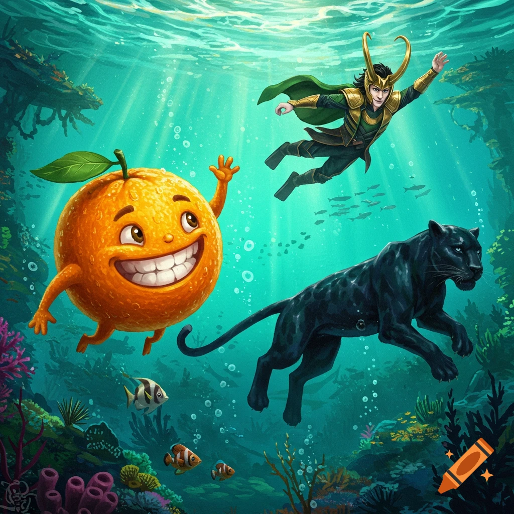 A cartoon orange, Marvel's Loki, and a black panther swim together underwater among coral and fish.
