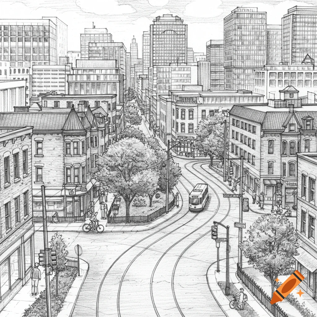A detailed pencil sketch of a bustling city street scene with buildings, trees, a tram, and street signs under a cloudy sky.
