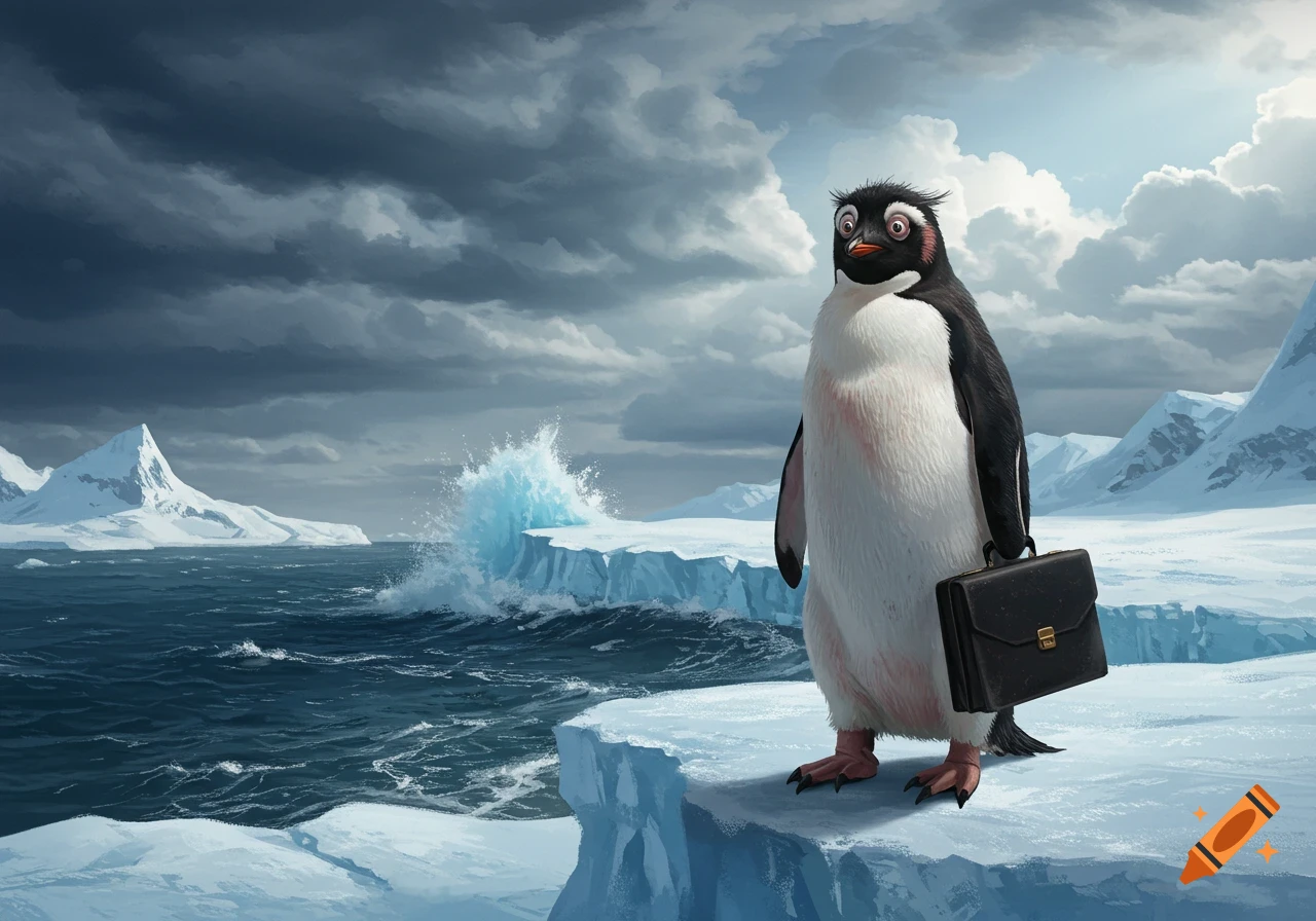A cartoon-style penguin with wide, stressed eyes holds a briefcase while standing on an ice floe in a stormy arctic sea.