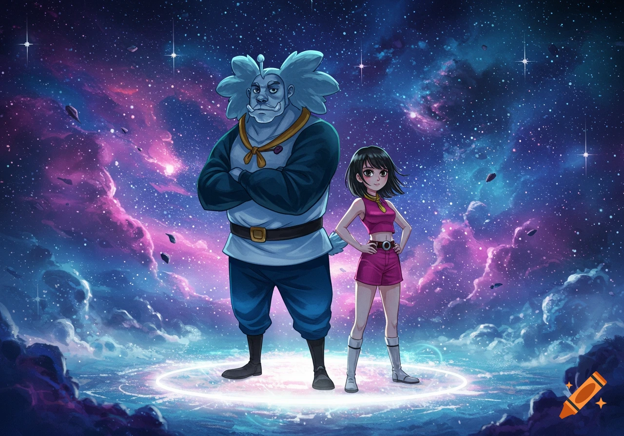 A tall blue-skinned man with big hair and a shorter dark-haired woman in a pink outfit stand on a glowing ring in a vibrant purple and blue galaxy.
