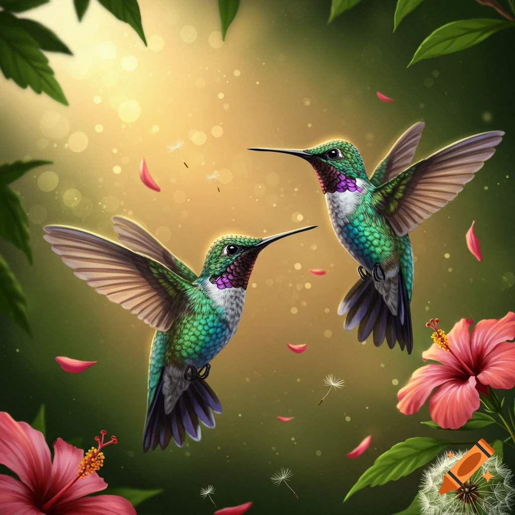 Two vibrant green and purple hummingbirds hover among pink hibiscus flowers and leaves with a glowing, soft background.