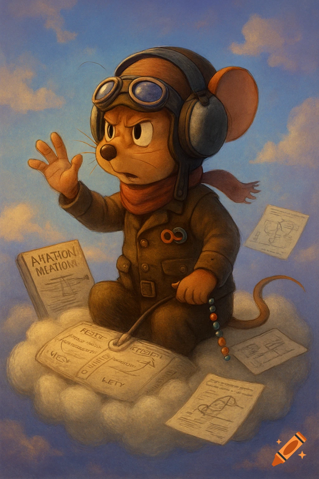 A cartoon mouse in a pilot's uniform and goggles sits on a fluffy cloud, surrounded by papers and a book. It has an intense, focused expression and one hand slightly raised.