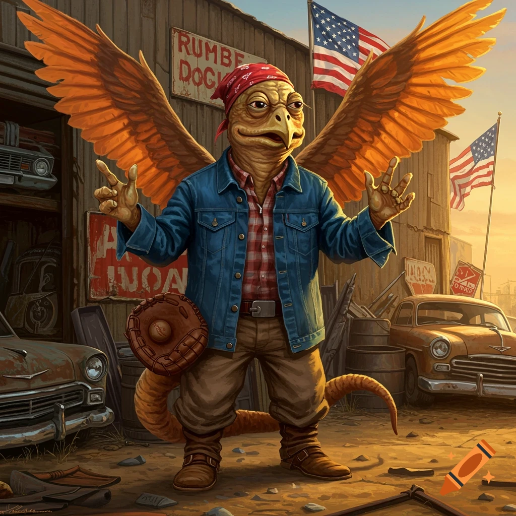 A winged, bird-like creature in a denim jacket and bandana stands in a junkyard with American flags at sunset.