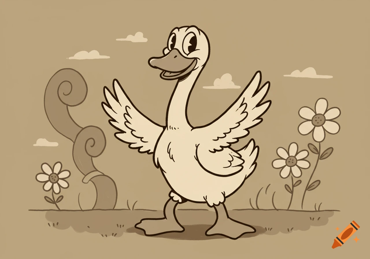 A sepia-toned cartoon goose in the Cuphead style stands with wings spread, smiling amidst flowers and clouds.