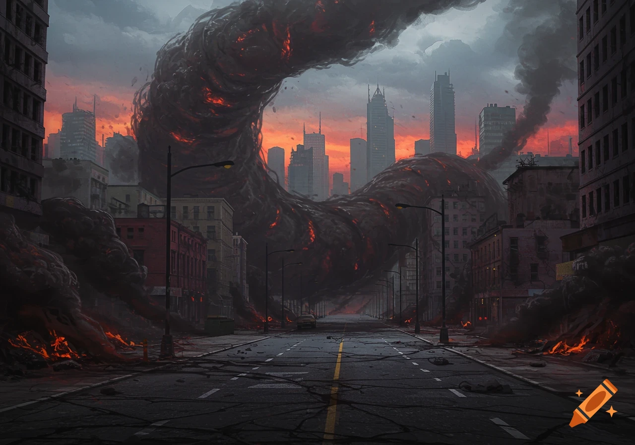 A photorealistic apocalyptic cityscape under a dark red sky, with a huge fiery worm-like creature destroying buildings along an empty, cracked street.