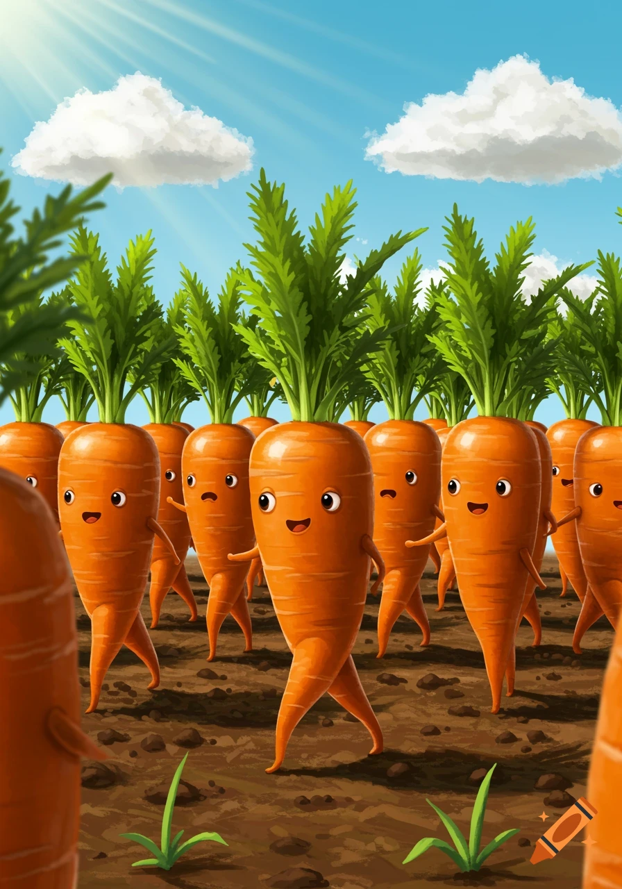 Anthropomorphic carrots with smiling faces walk through a field under a sunny sky.