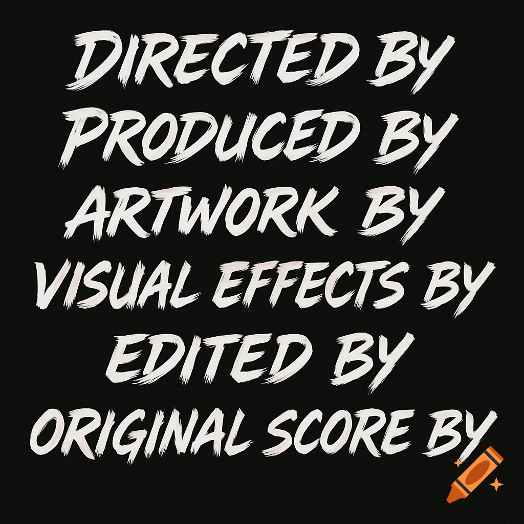 White brushstroke-style text listing production roles: Directed by, Produced by, Artwork by, Visual Effects by, Edited by, Original Score by on a black background.