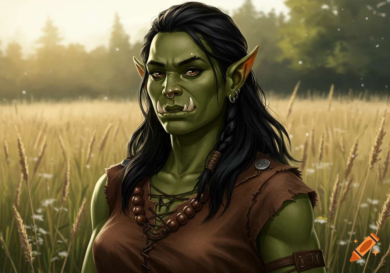A close-up portrait of a green-skinned orc woman with long dark hair, tusks, and pointed ears, standing in a golden field.