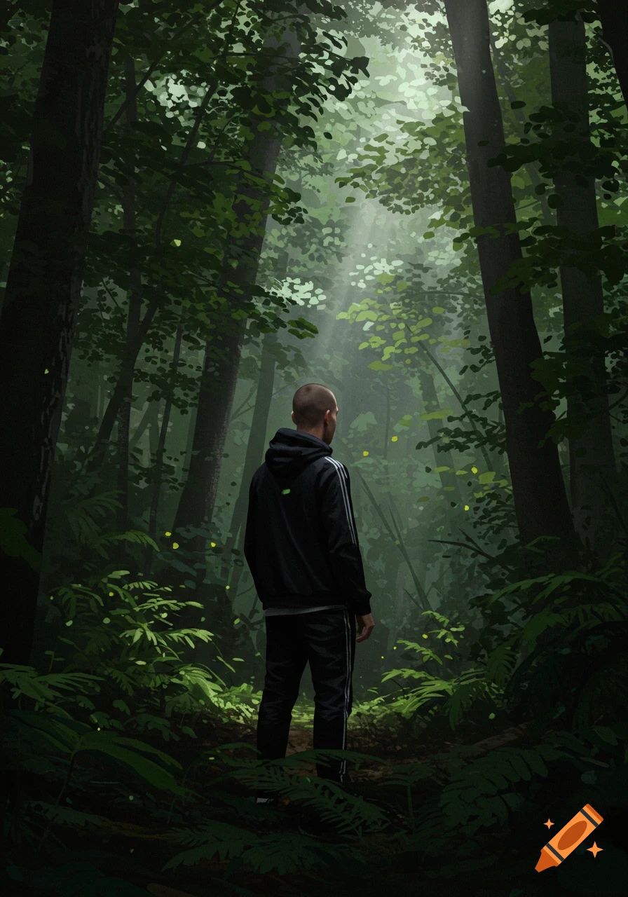 A man with a buzz cut, wearing a black hoodie and track pants, stands in a dense, sunlit forest, looking away.