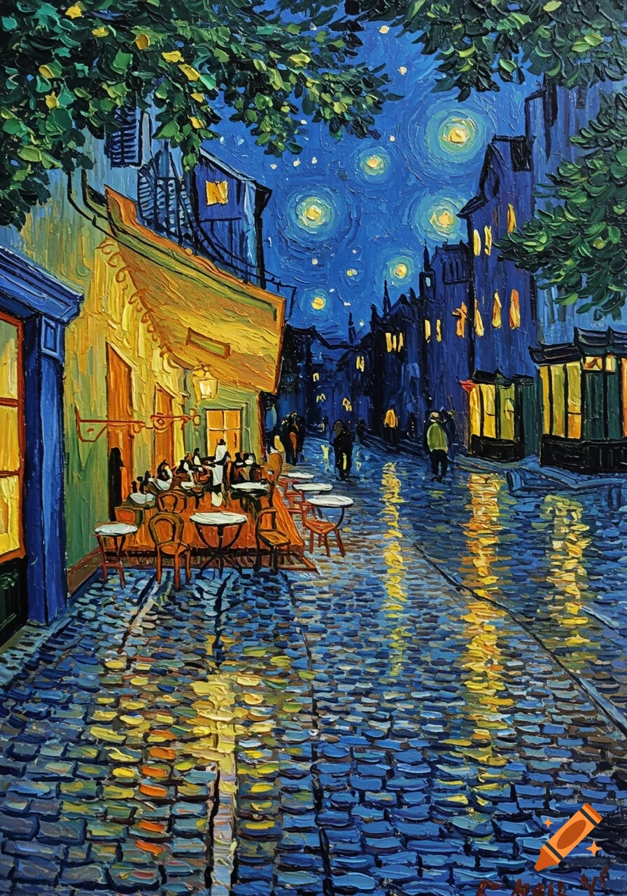 A vibrant Van Gogh style painting of a bustling street scene at night, with a brightly lit cafe, figures, and swirling stars in the blue sky.