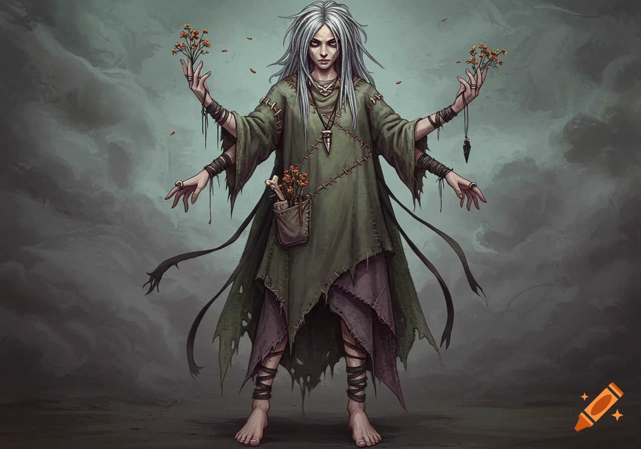 A gaunt witch with long white hair and multiple arms holds dried flowers in a dark, atmospheric setting, wearing a tattered green tunic.