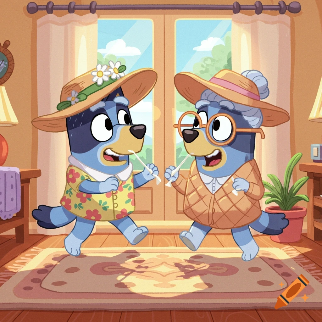 Bluey and Bingo characters dressed as grandmas, holding dental flossers, in a sunny living room.