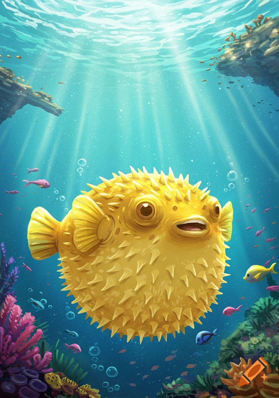 A cute, spherical yellow pufferfish swims in a vibrant, sunlit coral reef filled with smaller fish.