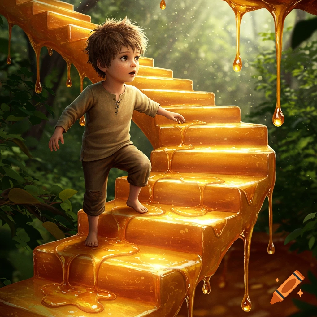 A young boy walks barefoot up glowing golden stairs made of honey in a lush forest, with honey dripping around him.