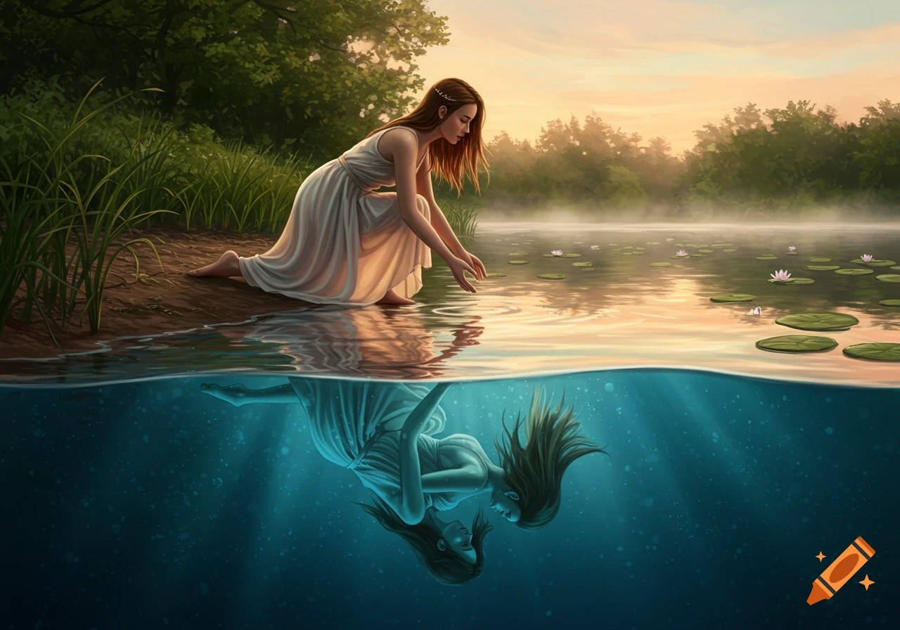 A woman in a white dress kneels by a lake, touching the water, her reflection appearing as another woman underwater.