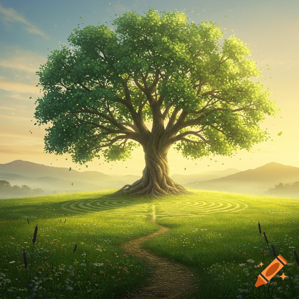 A large, vibrant green tree stands on a grassy hill with a winding path leading to a circular pattern in the grass, under a bright, warm sky.