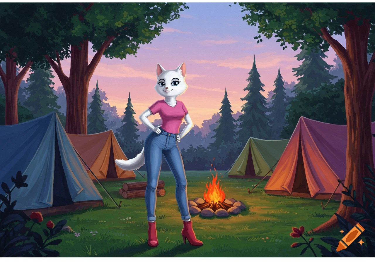A cartoon white cat wearing a pink shirt, blue jeans, and red boots stands in a campground with tents and a campfire at sunset.
