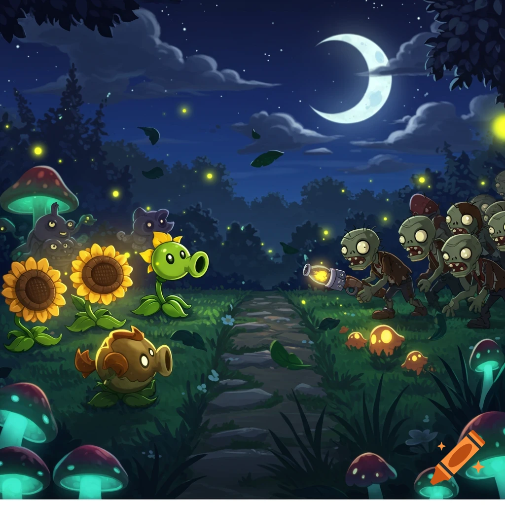 Cartoon scene from Plants vs. Zombies at night with plants on the left and zombies on the right, under a crescent moon.