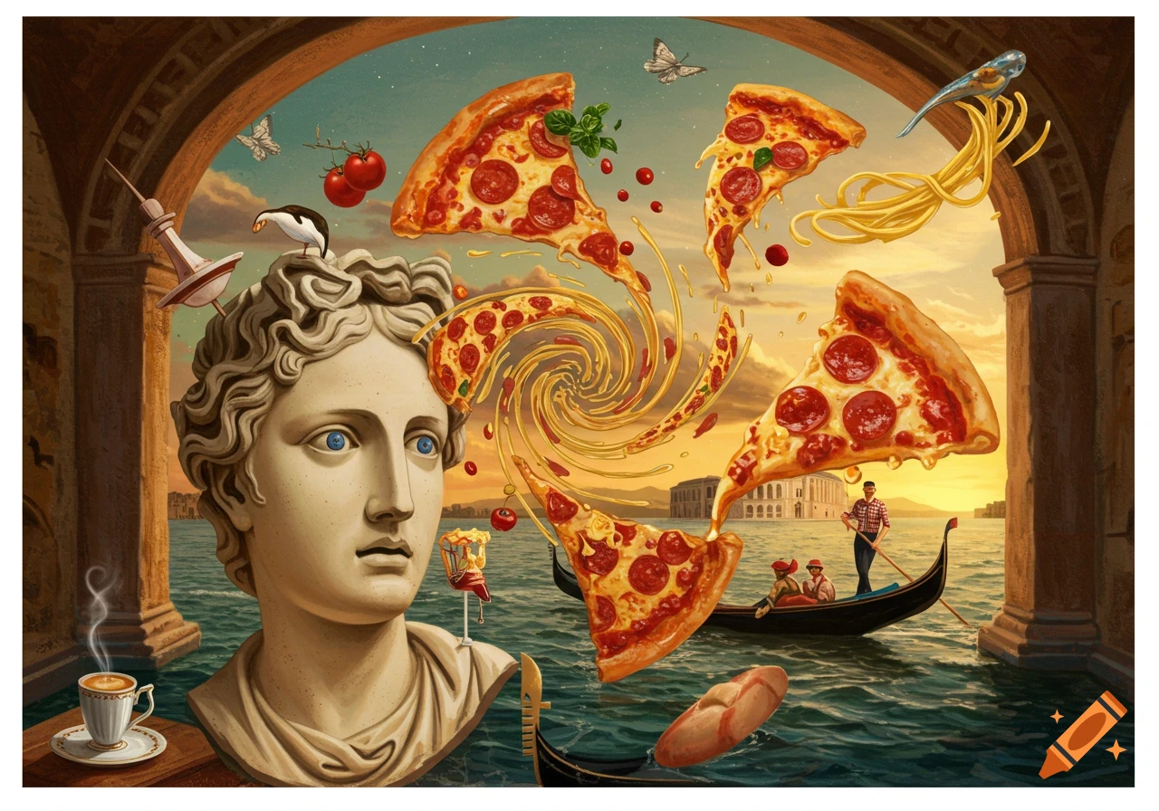 Surreal painting of a classical bust in a canal, with pizza slices and Italian food swirling around it, and gondolas in the background.