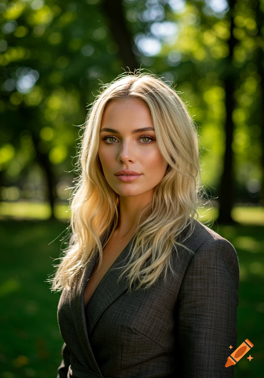 A photorealistic portrait of a blonde woman with green eyes, wearing a blazer, standing outdoors among trees.