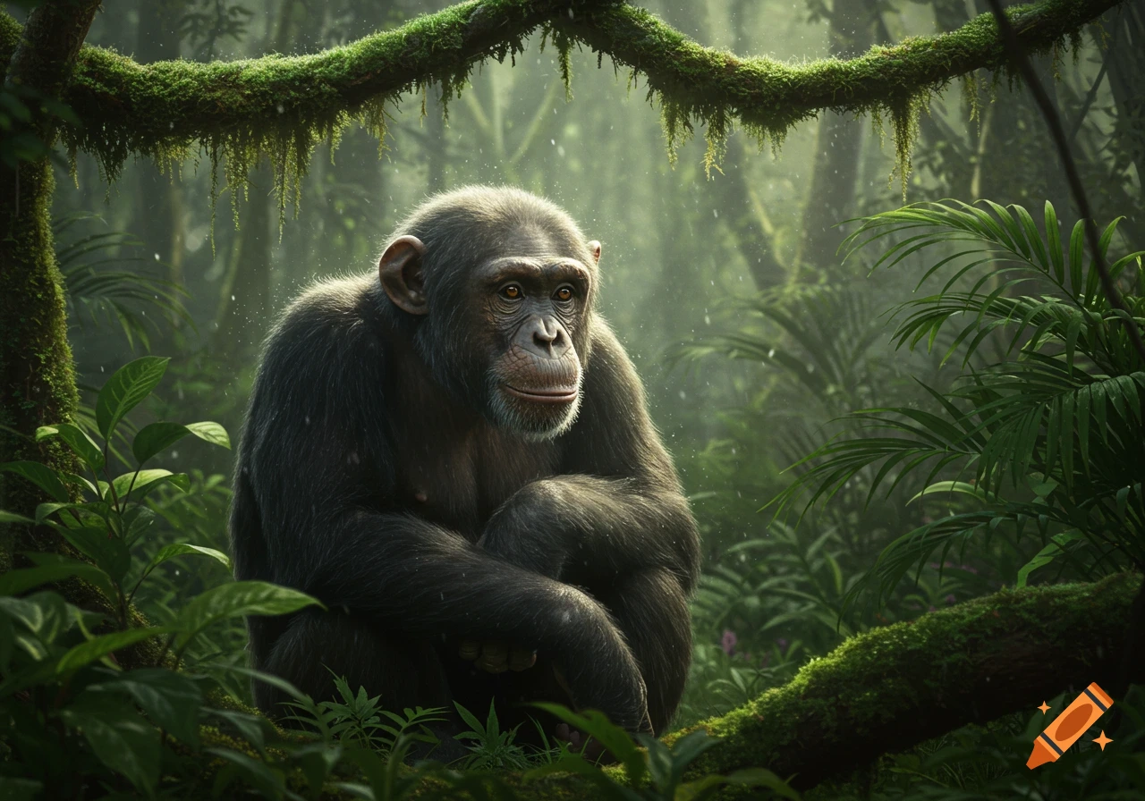 A photorealistic image of a chimpanzee sitting in a lush, misty jungle with sunlight filtering through the canopy.