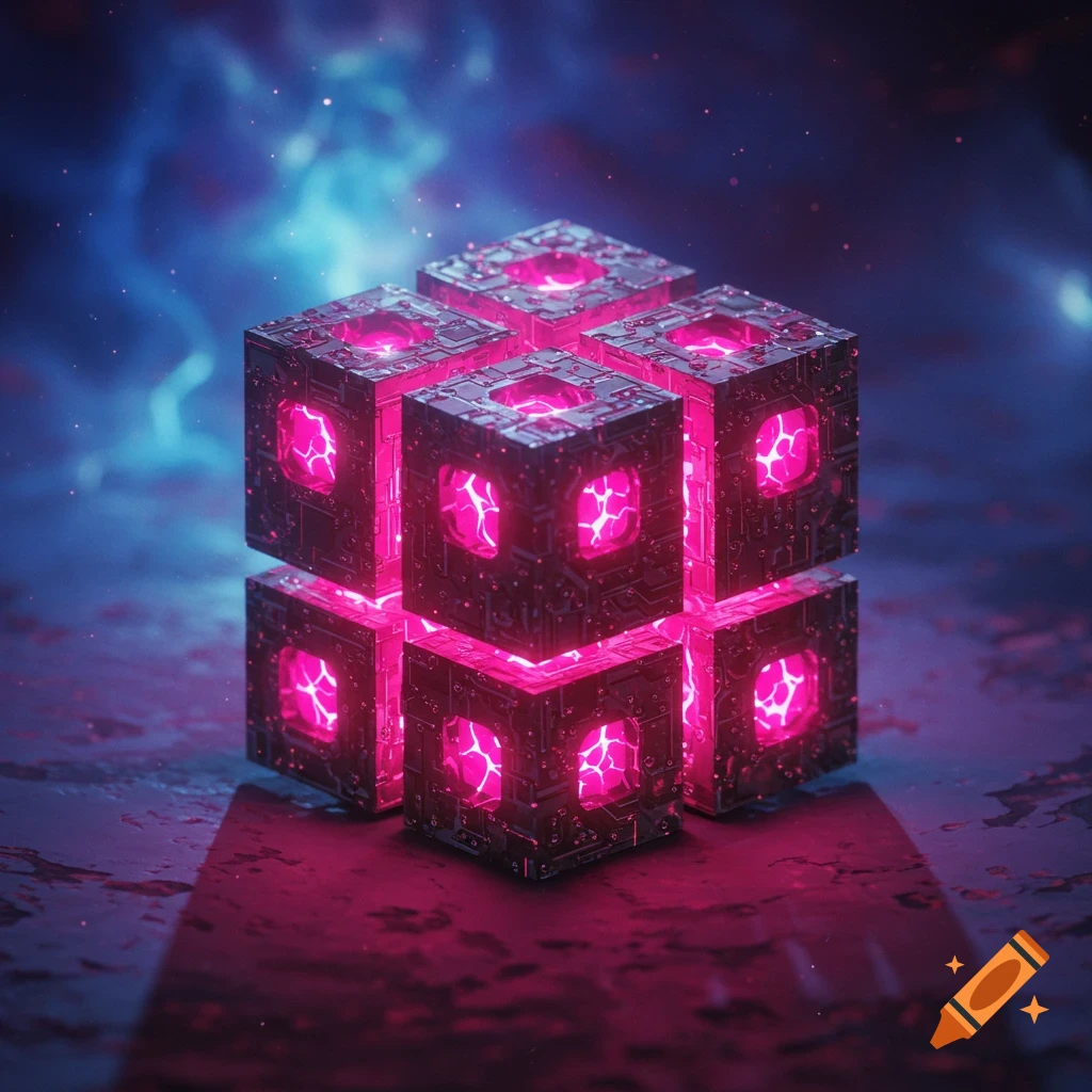 A glowing pink and black segmented cube with intricate patterns on a dark surface, against a blurry blue and purple background.