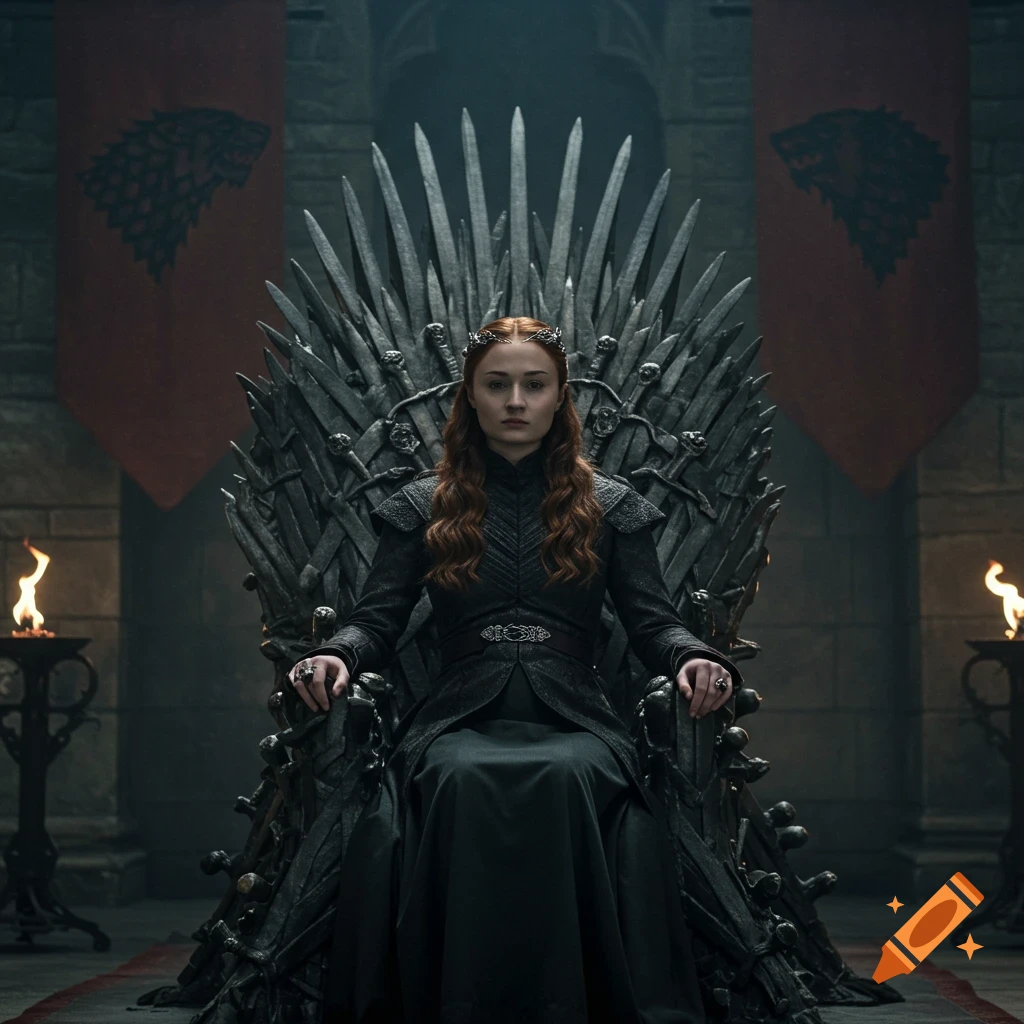 A woman with red hair sits on the Iron Throne with direwolf banners behind her in a dim hall.