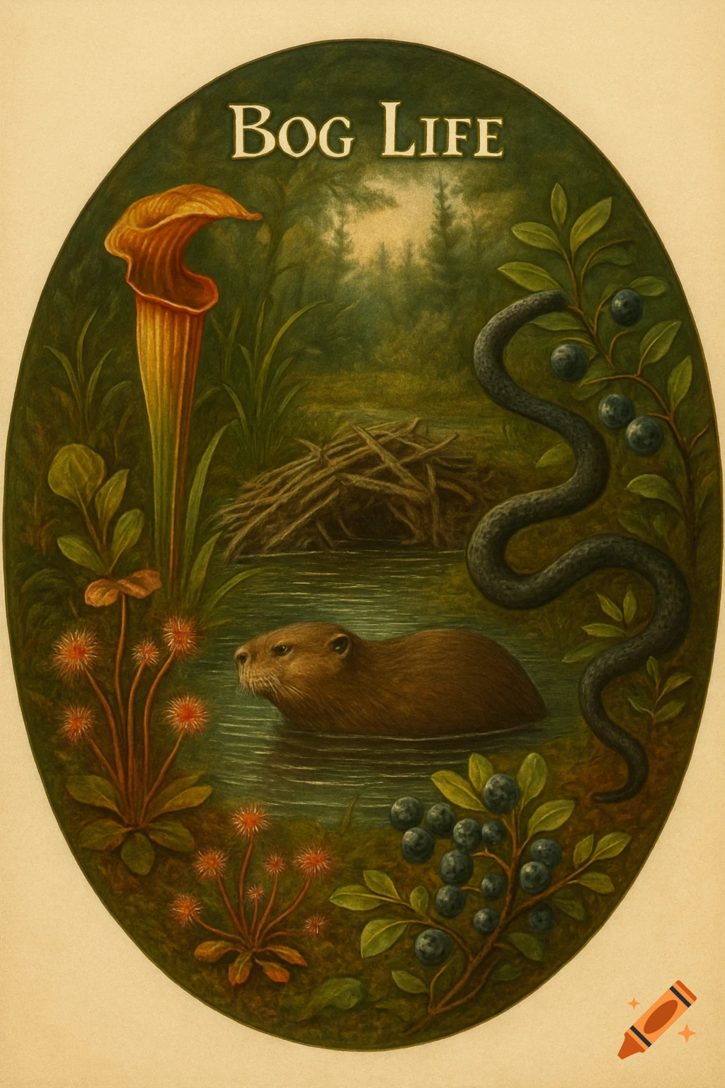 An oval illustration of a bog ecosystem with a beaver, pitcher plant, sundew, black snake, and blueberry bush. Text reads "BOG LIFE".