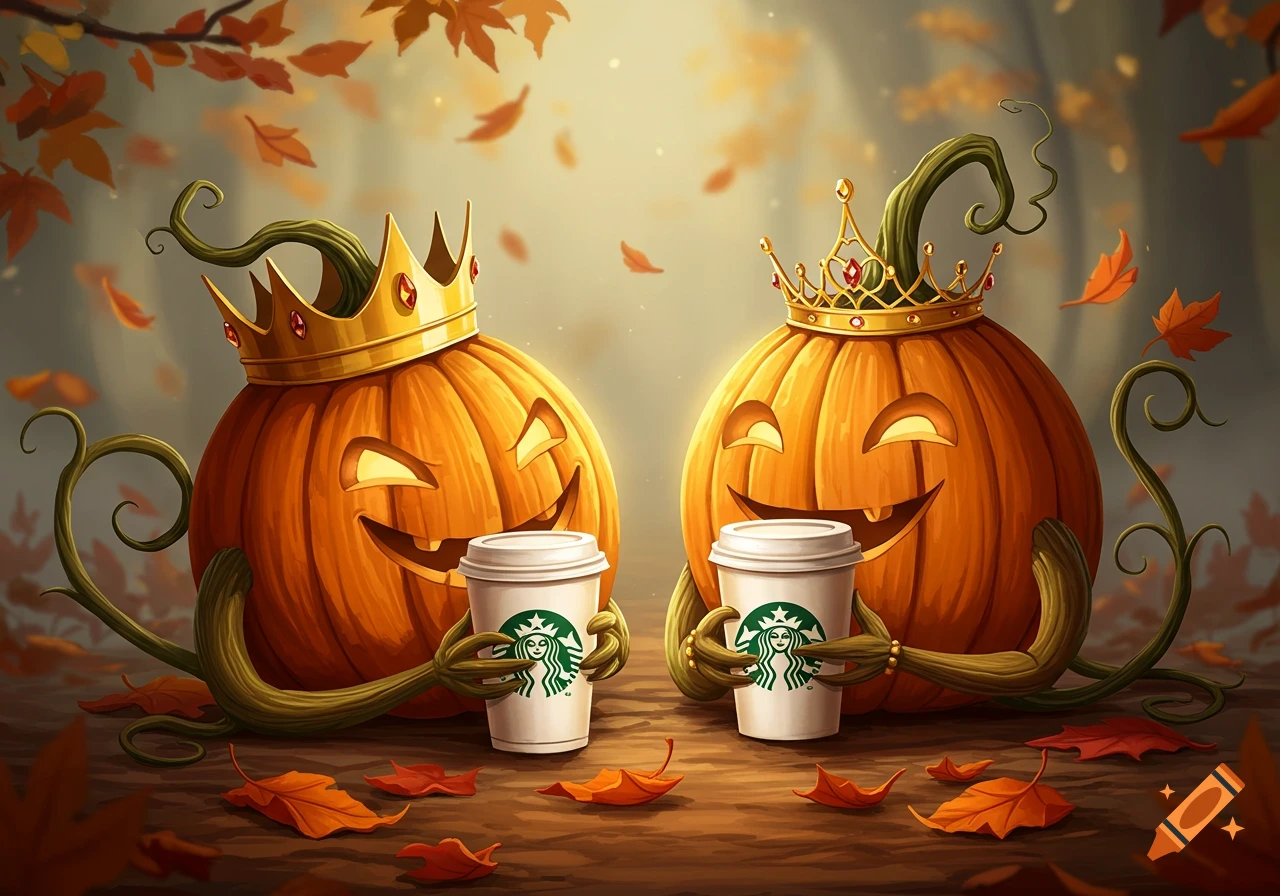 Two whimsical jack-o'-lanterns wearing golden crowns, each holding a Starbucks coffee cup, surrounded by falling autumn leaves.