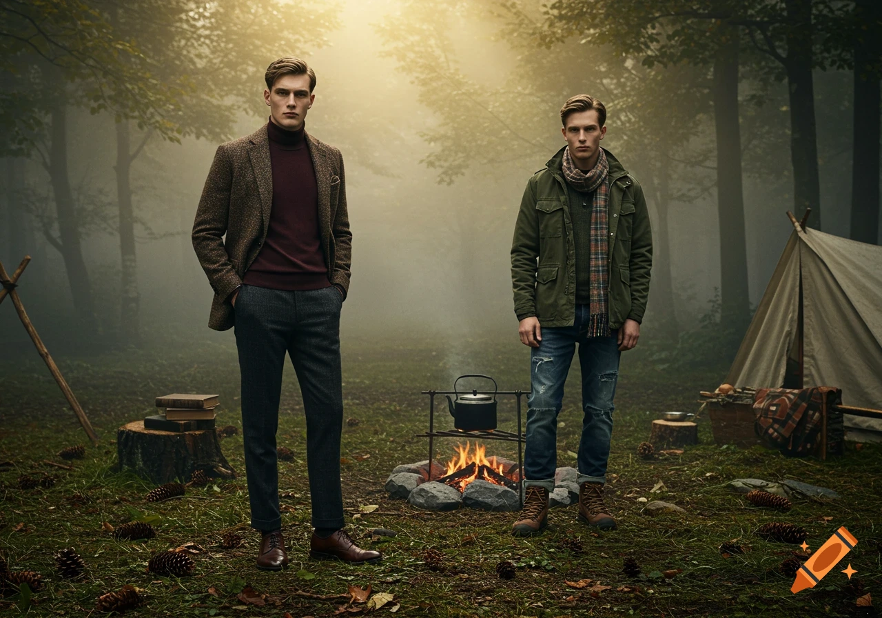 Two men in stylish outdoor and dark academia attire pose in a foggy forest campsite with a campfire and tent.