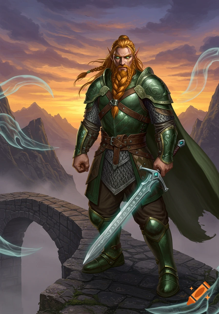 A male half-elf, half-dwarf warrior in green armor with braided red hair and beard, holds a glowing runic sword on a stone bridge at sunset.