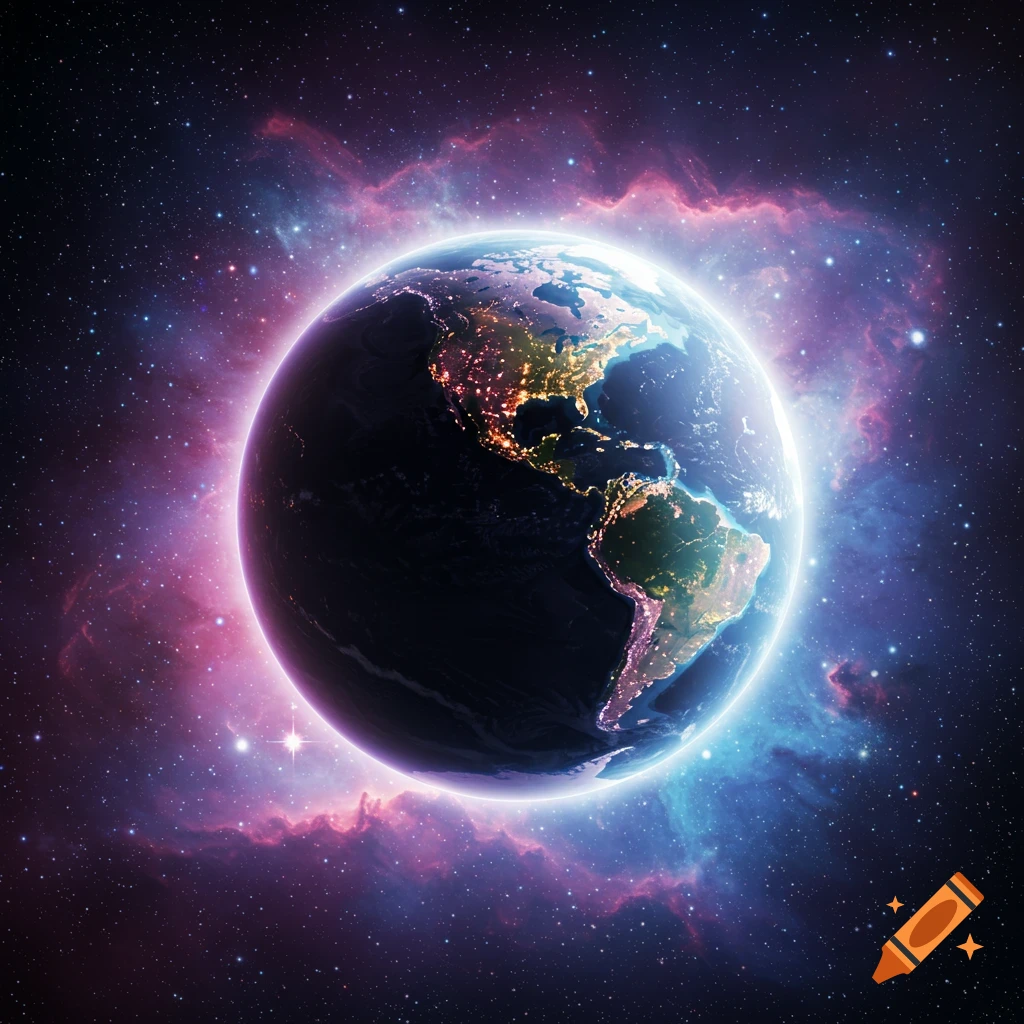 A vibrant view of Earth from space, with city lights visible on the night side, surrounded by colorful nebulae and stars.