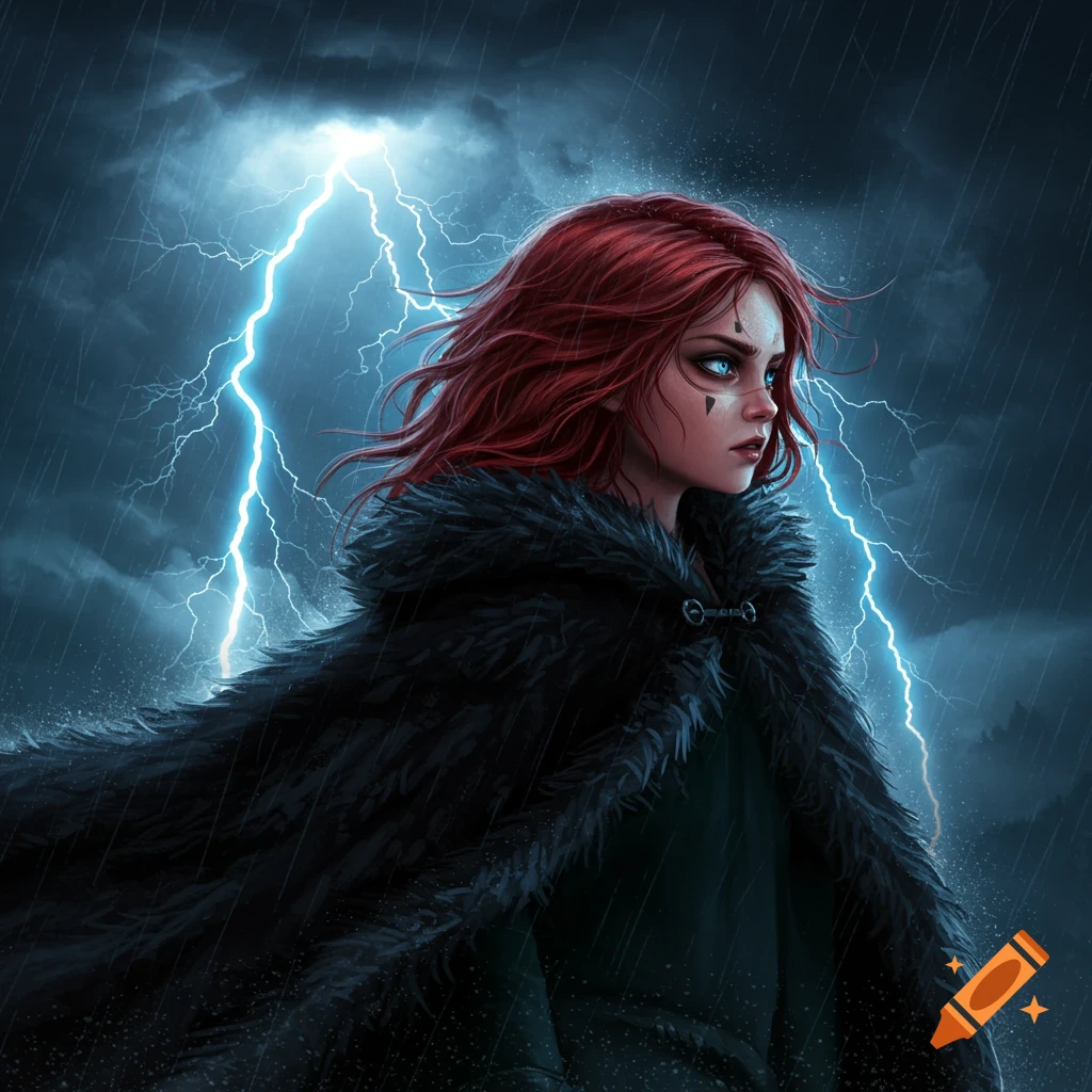 A girl with red hair and glowing blue eyes in a black fur cape stands in a dramatic thunderstorm with lightning.