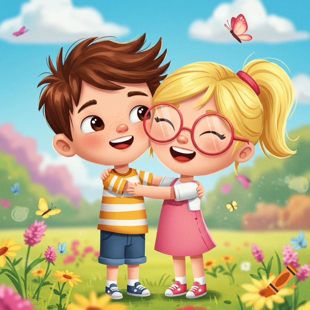 Cartoon boy with brown hair and a blonde girl with glasses happily hug in a sunny field with flowers and butterflies.