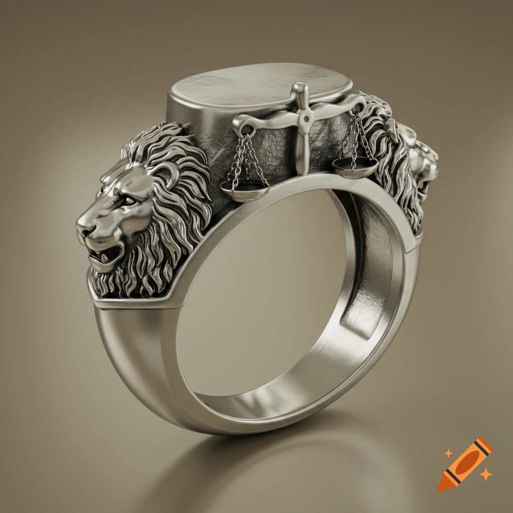 A close-up of a silver ring featuring detailed lion heads on the band and the Scales of Justice symbol on top.