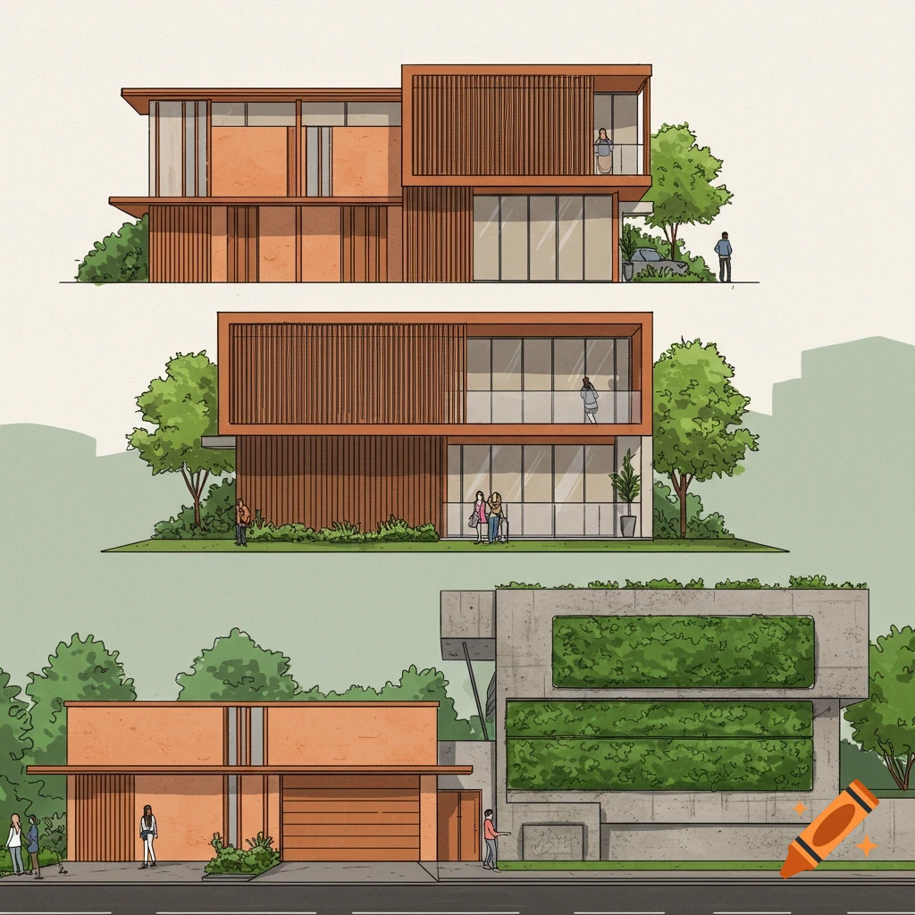Three architectural illustrations of modern houses with stylized figures and greenery.