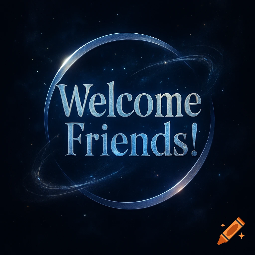 A shiny, metallic 'Welcome Friends!' logo with a glowing silver ring, set against a dark blue starry space background.