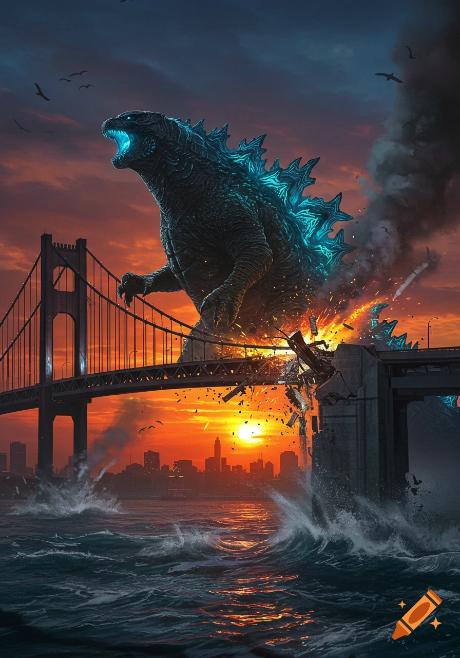 Giant Godzilla roaring with glowing blue spines, destroying a bridge at sunset over a cityscape and ocean.