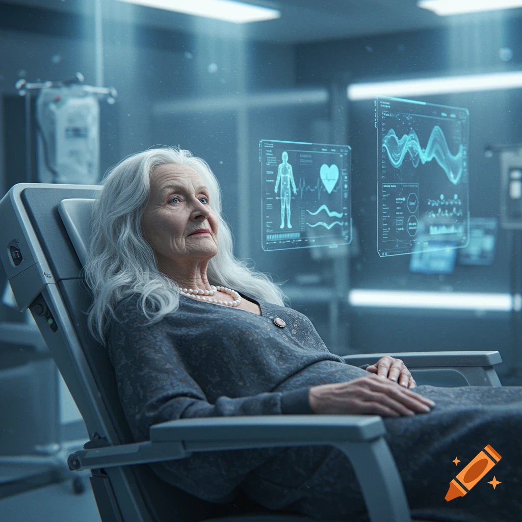 An elderly woman with white hair and pearls reclines in a futuristic medical chair, looking up at holographic screens displaying health data in a sci-fi setting.