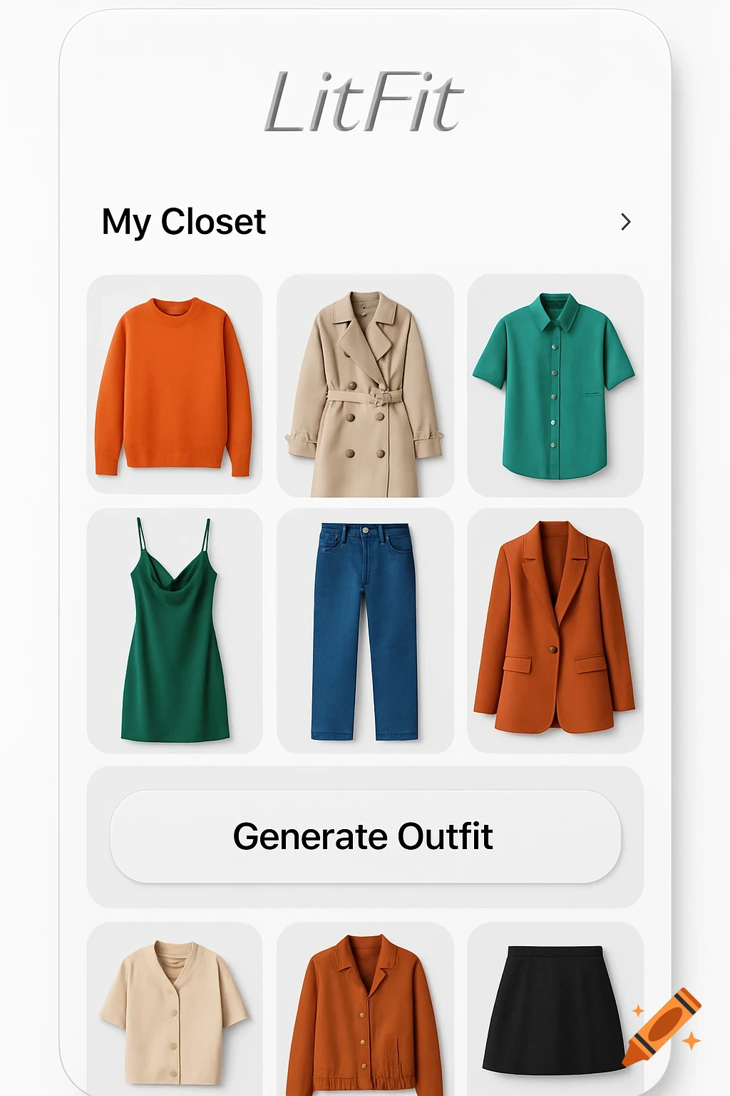 A mobile app interface called 'LitFit' displaying various clothing items and a 'Generate Outfit' button.