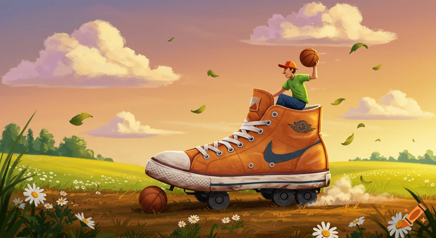 A cartoon boy in a green shirt and red cap rides a giant orange sneaker with wheels through a field of flowers at sunset, holding a basketball.