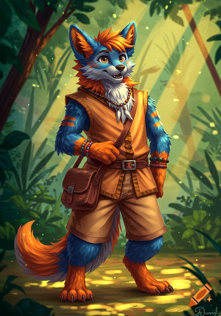 A vibrant blue and orange furry character, wearing a vest and shorts, stands in a sunlit jungle clearing with a satchel, in an illustrated style.