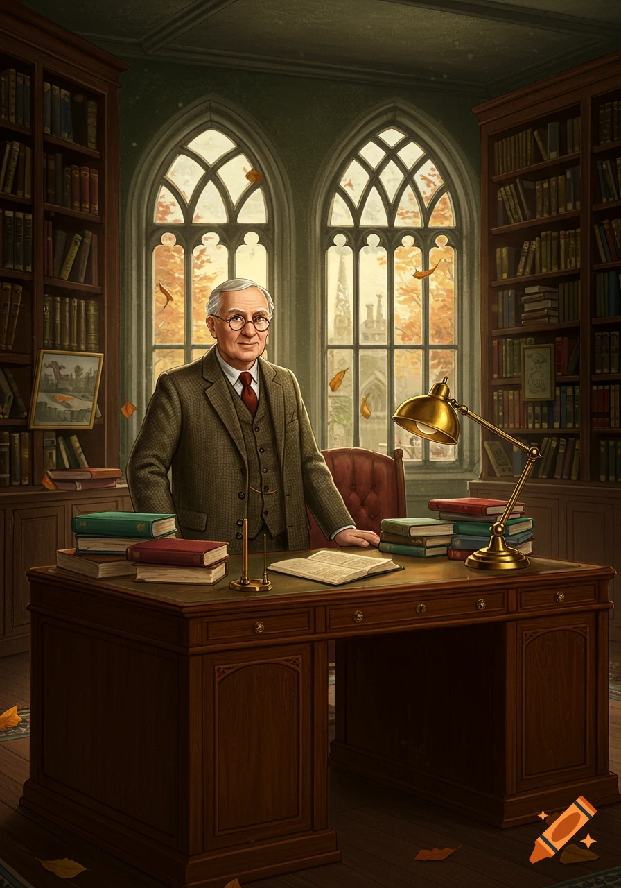 An old man in a tweed suit and glasses stands at a large wooden desk in a grand library with gothic windows showing an autumn scene.