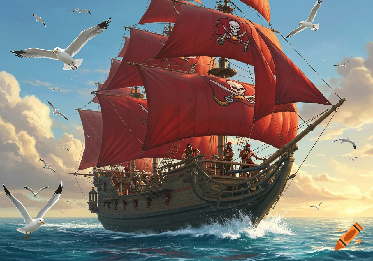 An illustrated pirate ship with red sails featuring skull and crossbones logos sails across a choppy blue ocean under a bright sky with seagulls flying around it.