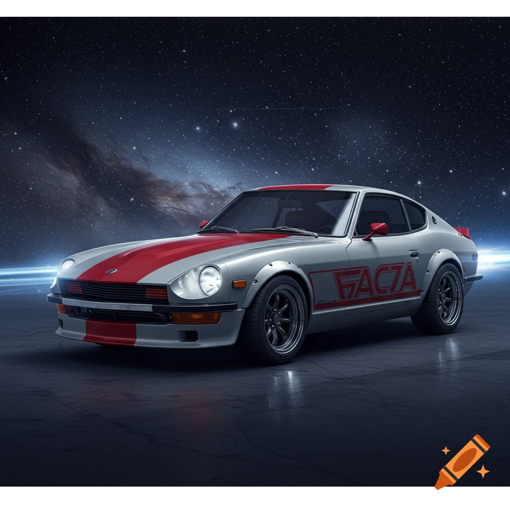 A silver Datsun 240z with red racing stripes and 'FACZA' on its side, parked on a reflective surface under a starry night sky.