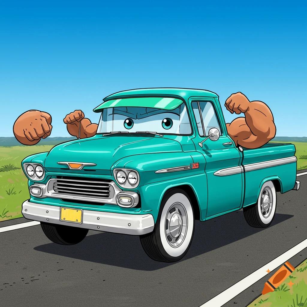 Cartoon-style turquoise anthropomorphic 1956 Chevy pickup truck with muscular arms and a face, driving on a road.
