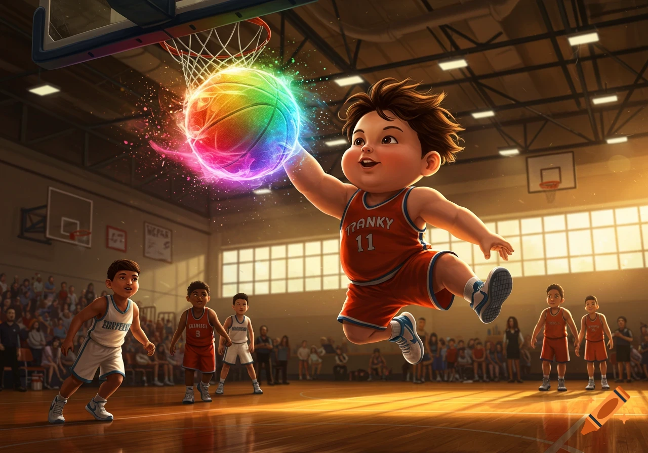 A chubby cartoon boy in a red jersey dunks a glowing rainbow basketball on an indoor court, with other children watching.