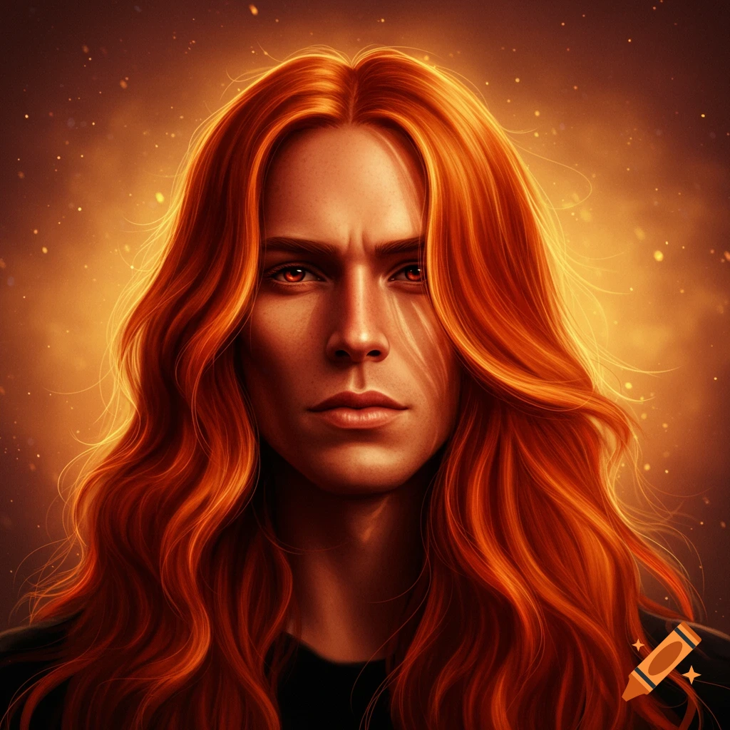 A striking portrait of a person with long, wavy red hair and intense glowing orange eyes, against a warm, luminous background.